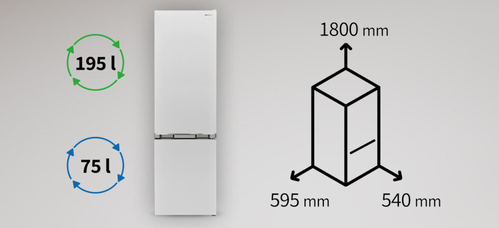 Obraz przedstawia białą lodówkę z logo SHARP, obok której znajdują się informacje o pojemności 195 l i 75 l oraz wymiary 1800 mm, 595 mm, 540 mm.