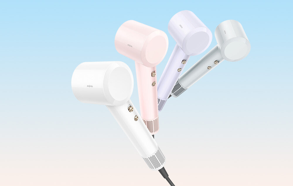 Suszarka do włosów MOVA Turbo Biały Ochrona przed przegrzaniem Technologia NTC temperatura zapobiega nadmiernemu nagrzewaniu włosów minimalizuje ryzyko ich uszkodzenia zdrowy wygląd