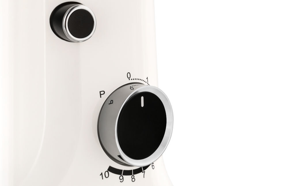 Robot kuchenny planetarny ZEEGMA Planeet Trio Kremowy 1500W białe tło zbliżenie na pokrętło ilustracja skali liczne funkcje wygodne proste w użyciu pokrętło dostosowanie prędkości obrotów włączenie trybu pulsacyjnego funkcja odblokowania ramienia Wszystkie akcesoria można myć w zmywarce