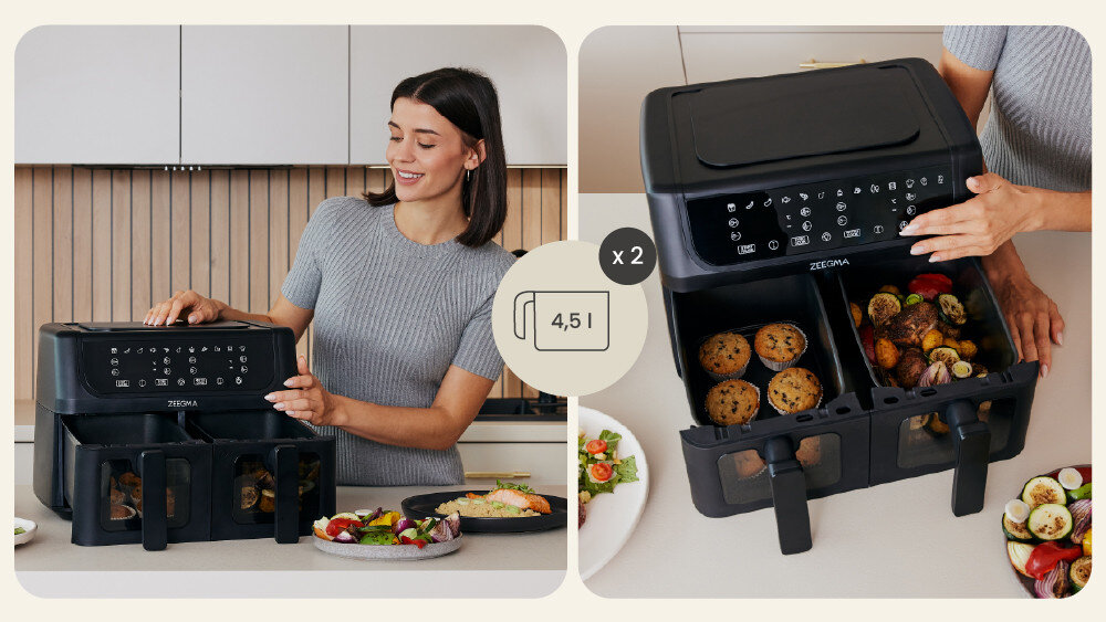 Air Fryer Frytkownica beztłuszczowa ZEEGMA Knapper Dual 9l 12 automatycznych programów Dwie potrawy jednocześnie dwie misy pojemność dwa dania różne dania w tym samym czasie