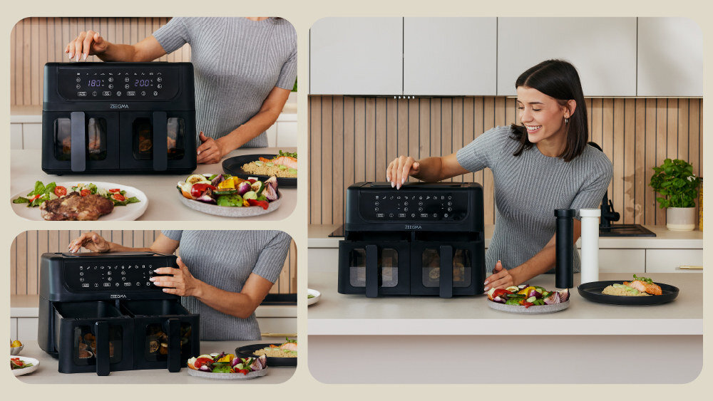 Air Fryer Frytkownica beztłuszczowa ZEEGMA Knapper Dual 9l 12 automatycznych programów Lekkie i zdrowe gotowanie System cyrkulacji gorącego powietrza chrupiące i aromatyczne mało kaloryczne Przezroczyste okienka