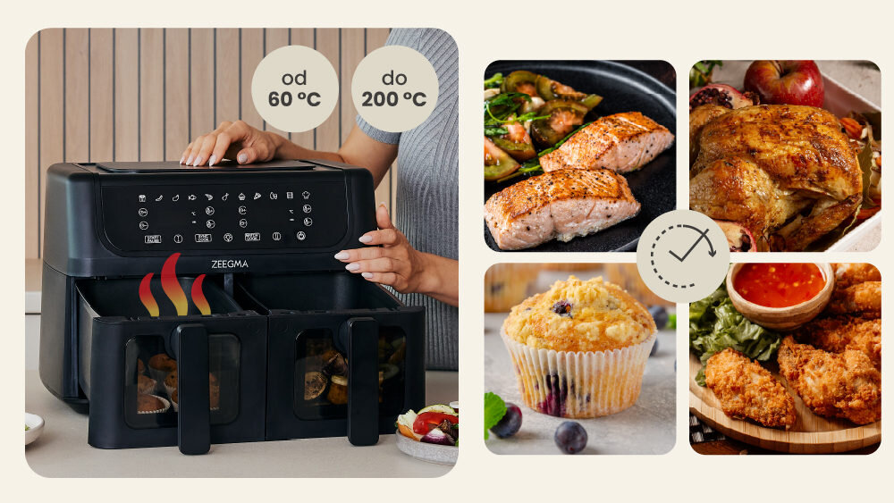 Air Fryer Frytkownica beztłuszczowa ZEEGMA Knapper Dual 9l 12 automatycznych programów Programy na każdą okazję 12 trybów pracy parametry dopasowanie regulacja temperatura możliwości