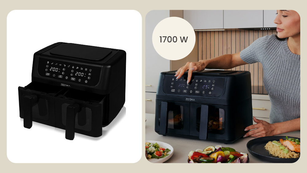 Air Fryer Frytkownica beztłuszczowa ZEEGMA Knapper Dual 9l 12 automatycznych moc  nagrzewa się w mniej niż minutę wymiary praktyczne rozwiązanie