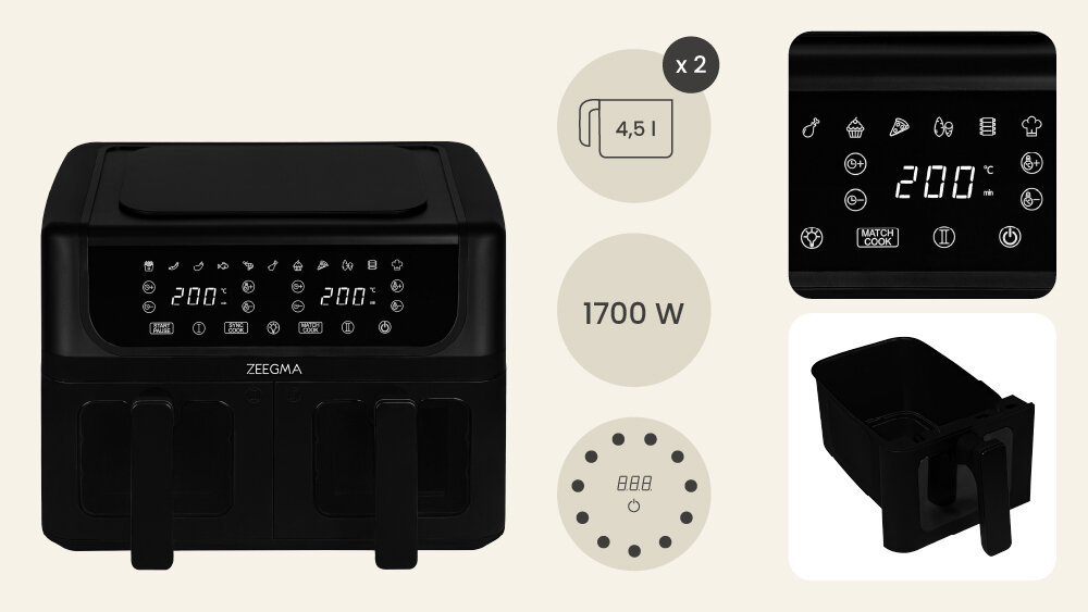 Air Fryer Frytkownica beztłuszczowa ZEEGMA Knapper Dual 9l 12 automatycznych Bezpieczeństwo w kuchni zabezpieczenie przed przegrzaniem automatyczne wyłączanie po zakończonym programie Antypoślizgowe nóżki nienagrzewające się uchwyty Powłoka teflonowa Intuicyjny panel dotykowy z czytelnymi ikonami