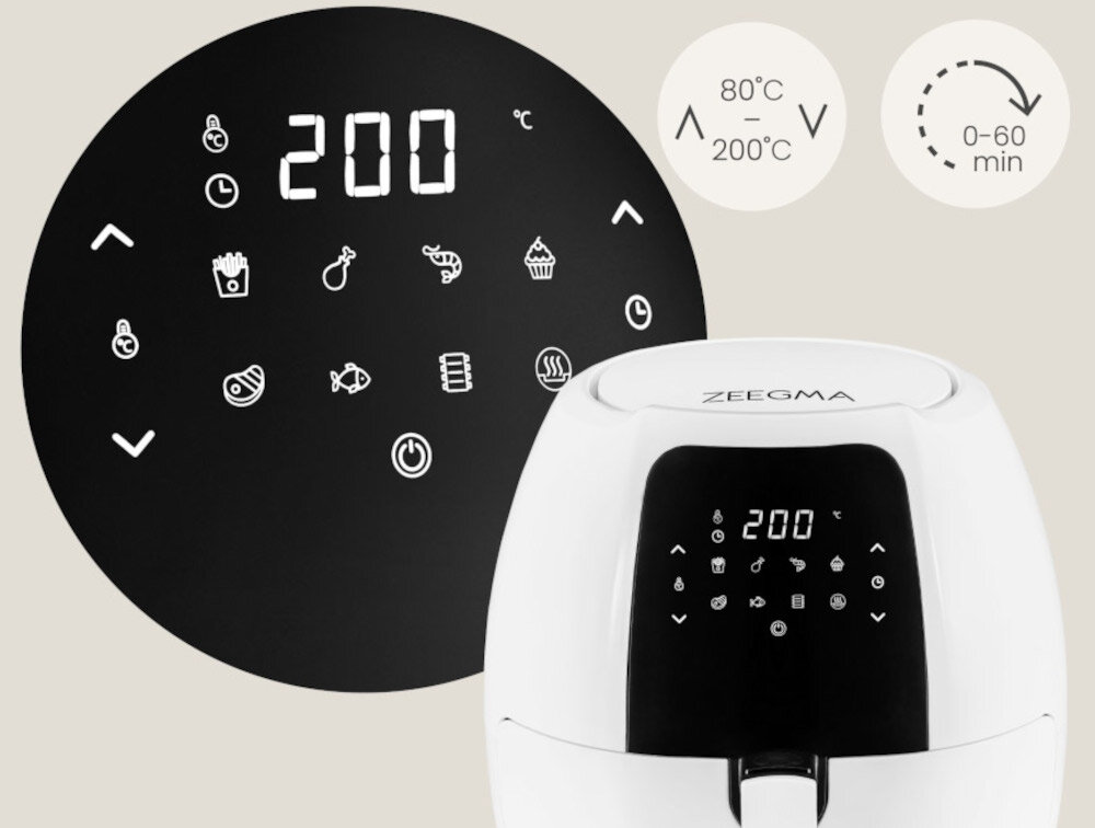 Air Fryer Frytkownica beztłuszczowa ZEEGMA Knapper Grand 7.7l 8 automatycznych programów Intuicyjna obsługa Panel dotykowy LCD timer czas pracy temperatura zakres ustawienia