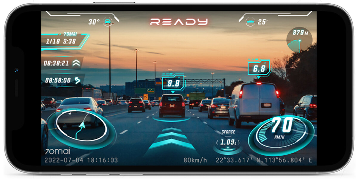 Wideorejestrator 70MAI 4K A810 HDR + Karta SD 128GB - Efekty i dane na nagraniu, smartfon z uruchomioną aplikacją