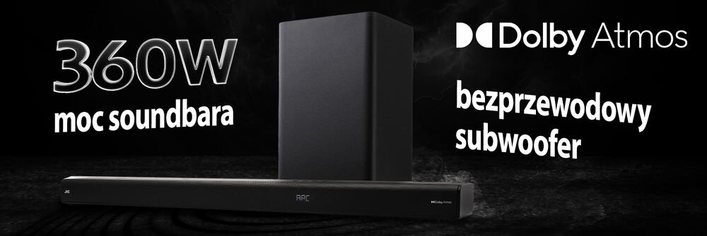 Soundbar JVC TH-E754B Dolby Atmos moc 360 W subwoofer korektory, soundbar po skosie na czarnym tle