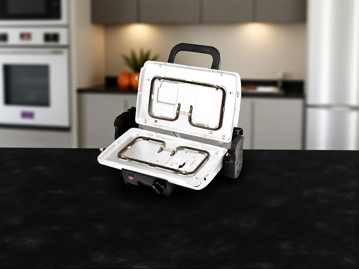 Grill elektryczny TEFAL GC2050 Minute, moc, robocze, potrawy, przyrządzanie, grill otwarty bez płyt stoi na blacie w kuchni