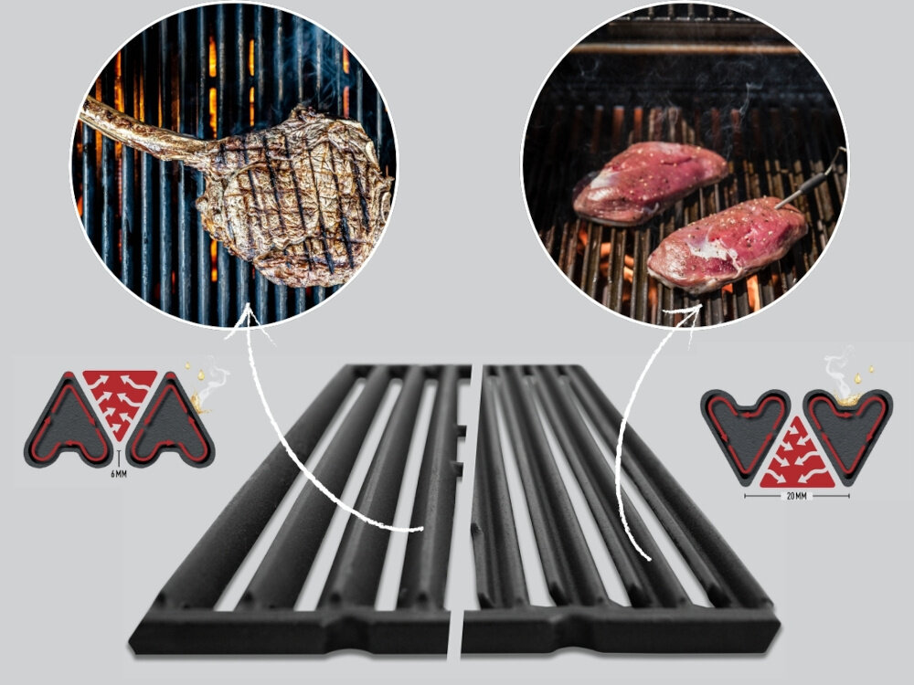 Grill gazowy BROIL KING Crown 410 Shadow 11.4 kWh 65 x 44 - 64 x 17 cm ruszty na środku zdjęcia w górnej części dwa kółka ze zdjeciami na oby zdjęciach pieczone mięso 4 ciężkie, dwustronne ruszty żeliwne rynienki niepowtarzalny smak i aromat możliwość ułożenia rusztów pod kątem kontrola nad tłuszczem dedykowana tacka strona stożkowa nagrzewa potrawy