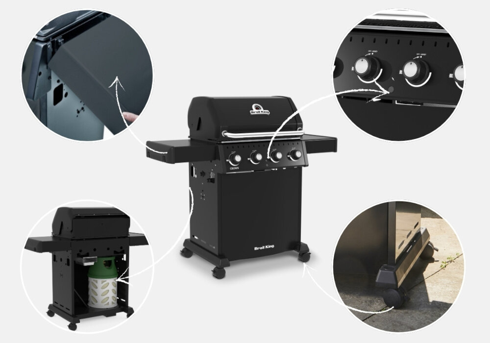 Grill gazowy BROIL KING Crown 410 Shadow 11.4 kWh 65 x 44 - 64 x 17 cm grill po środku zdjęcia wkoło cztery kółka pokazujące funkcje półki boczne haczyki na akcesoria szafka na butlę gazową szafka z tyłu grilla płaski przycisk zapalarki elegancki panel sterowania kółka obrotowe o średnicy 7,6 cm z blokadą