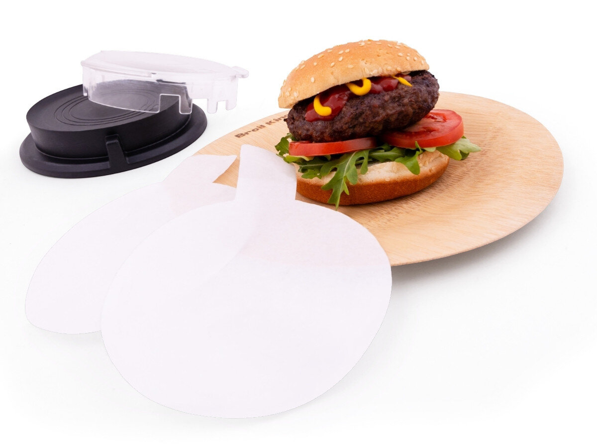 Prasa do hamburgerów BROIL KING 62475, papier, higiena, burgery, praska, na białym tle przygotowany hamburger, w tle praska