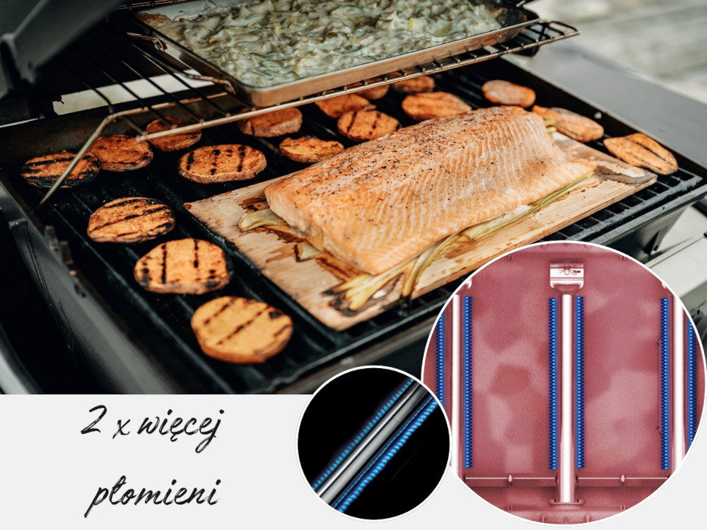 Grill gazowy BROIL KING Porta-Chef 320 6 kW 53 x 34 - 46.5 x 18.5 cm zbliżenie na ruszt na ruszcie pieczą się potrawy trzy palniki tubowe ze stali szlachetnej dobre rozprowadzanie ciepła moc 6 kW