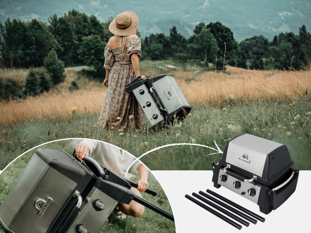 Grill gazowy BROIL KING Porta-Chef 320 6 kW 53 x 34 - 46.5 x 18.5 cm łąka w tle osoba trzyma grilla w dłoni a froncie złożony grill bez nóg oraz osoba składająca grilla wygoda nogi łatwo się odpinają konstrukcja lekka solidna waga 20 kg ponowny montaż zajmuje zaledwie chwilę