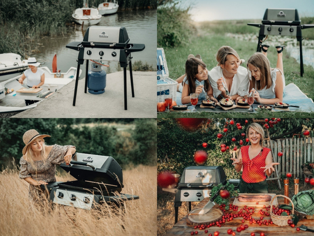 Grill gazowy BROIL KING Porta-Chef 320 6 kW 53 x 34 - 46.5 x 18.5 cm kolaż zdjęć grill w różnych ujęciach z osobami korzystającymi z niego niewielka forma 93 x 109 x 52 cm po złożeniu pełnowymiarowe możliwości grillowanie w dowolnym miejscu