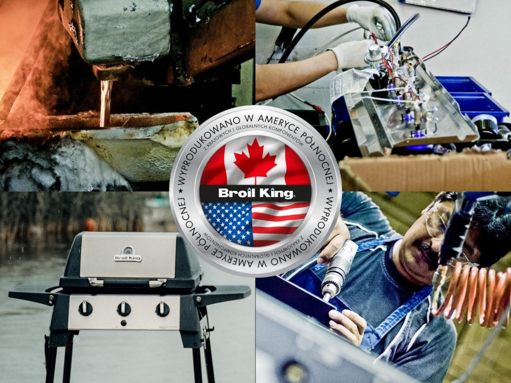 Grill gazowy BROIL KING Porta-Chef 320 6 kW 53 x 34 - 46.5 x 18.5 cm kolaż zdjęć pośrodku logo zdjęcia pokazujące montaż grilla i samego grilla jakość i pasja wyprodukowany przez fabryki w USA i Kanadzie komfort użytkowania trwałość na lata nieduży mobilny model