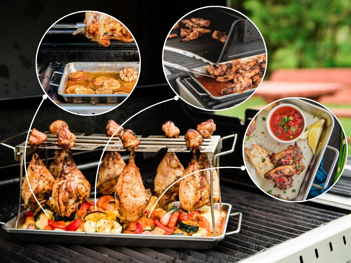 Wieszak na podudzia BROIL KING 64152, brytfanna, warzywa, mięso, wielofunkcyjna, Kolaz pokazujący uchwyt rotacyjny Broil King do kurczaka: montaż, składanie, użycie na grillu z udkami kurczaka i warzywami, oraz składany na ruszcie.