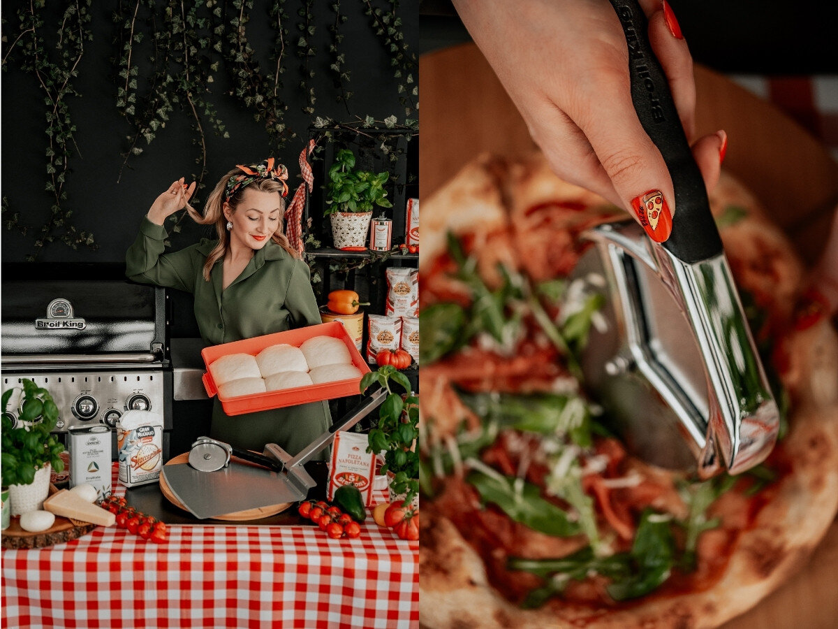 Nóż do pizzy BROIL KING 69810, nóż, pizza, ostrze, precyzja, Kobieta w zielonej bluzce podaje ciasto na pizzę i trzyma nóż do pizzy Broil King obok piekarnika.