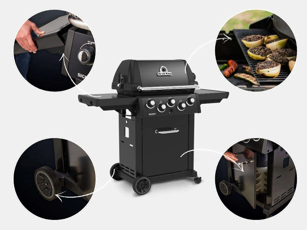 Grill gazowy BROIL KING Signet 390 Shadow 11.4 kW 65 x 38 - 60 x 26 cm grill pośrodku zdjęcia wkoło czter zdjęcia pokazujące szczegóły grilla wygoda użytkowania przestronne półki boczne haczyki na akcesoria szafka na butlę gazową pomieści 11-kilogramową butlę z kołnierzem i bez 18 cm koła do transportu obrotowe kółka o średnicy 7,6 cm z blokadą
