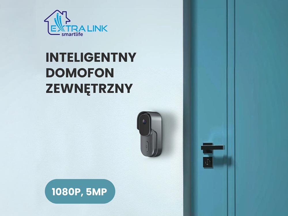 Wideodomofon EXTRALINK Smartlife 708AD Wi-fi Szary, kontrola, wgląd, monitoring, kamera, Wideodomofon zamontowany na niebieskich drzwiach, napis 1080p, 5MP