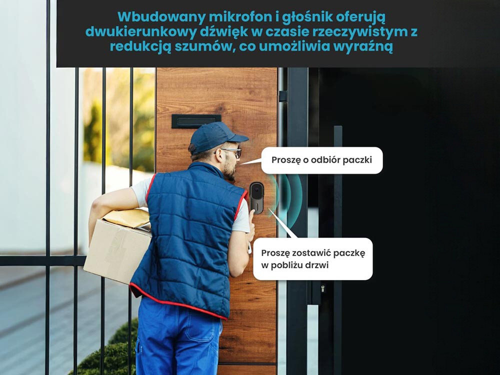 Wideodomofon EXTRALINK Smartlife 708AD Wi-fi Szary, mikrofon, komunikacja, głośnik, aplikacja, Kurier z paczką przy furtce domowej, komunikaty głosowe przez wideodomofon.