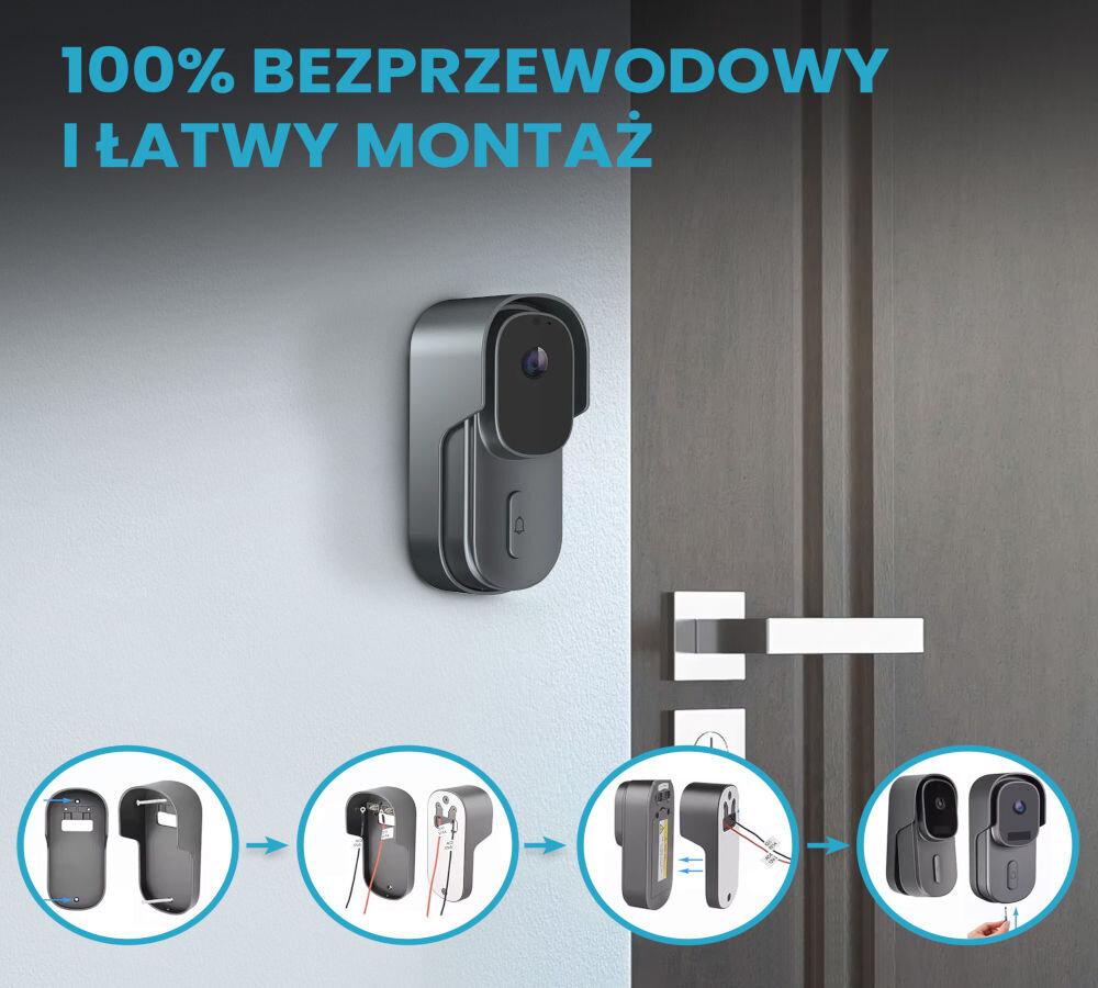 Wideodomofon EXTRALINK Smartlife 708AD Wi-fi Szary, akumulator, montaż, wymiary, ładowanie, Bezprzewodowa instalacja na drzwiach, etapy montażu wideodomofonu krok po kroku.