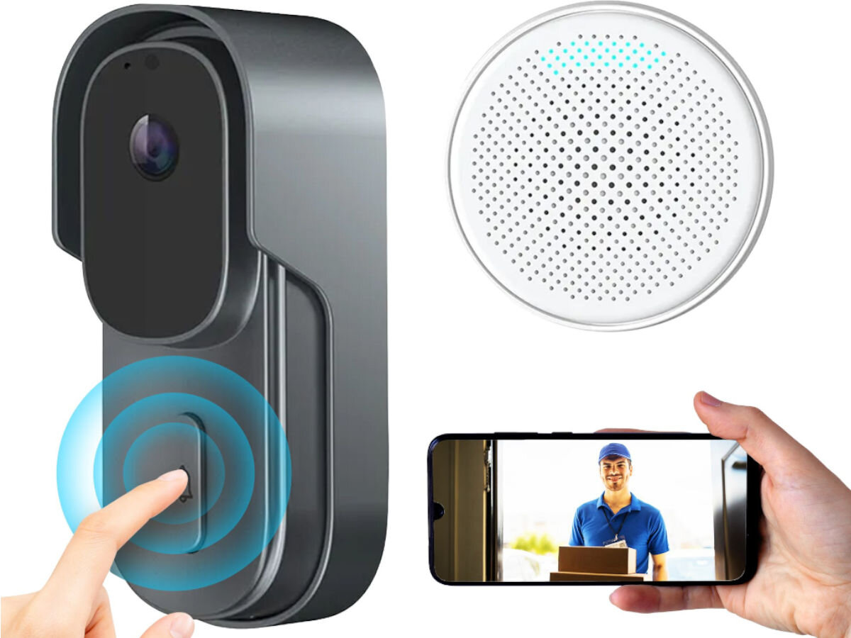 Wideodomofon EXTRALINK Smartlife 708AD Wi-fi Szary, smart, integracja, głos, aplikacja, Wideodomofon z dzwonkiem, widok z aplikacji mobilnej, osoba z paczką przy furtce.