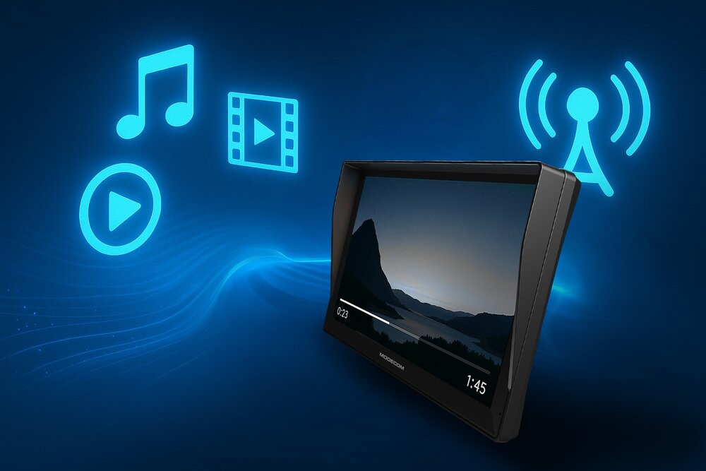 Nawigacja do ciężarówki MODECOM FreeWAY CX 9.3 z ikonami muzyki i filmów