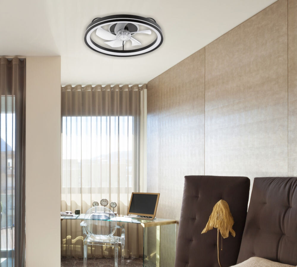 Plafon z wiatrakiem LAMKUR Fargo LM-FL-2.226 49892 Czarny, funkcje, lampa, wentylator, pora, ulga, pokój biurowy, w tle plafon na suficie