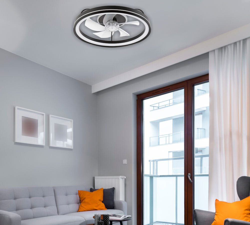 Plafon z wiatrakiem LAMKUR Fargo LM-FL-2.226 49892 Czarny, czarny, kolorystyka, osłona, światło, pokój gościnny, w tle plafon zamontowany do sufitu