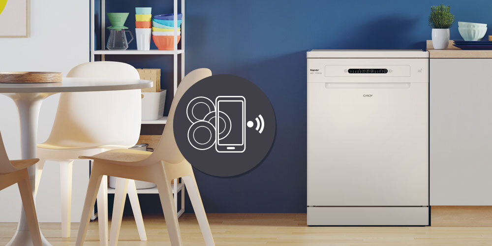 Zmywarka CANDY RapidÓ CF 3C7L1W lifestyle kuchnia front stół krzesła dopasowanie programu Snap&Wash zdjęcie Aplikacja