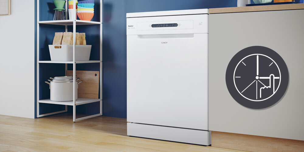 Zmywarka CANDY RapidÓ CF 3C7L1W lifestyle półki regał Opóźnienie startu godzina czas planowanie 3 6 9 taryfa nocna oszczędności