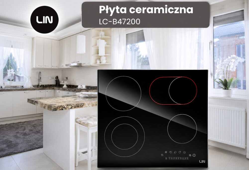 PŁYTA&nbsp;LIN LC-B47200 Płyta ceramiczna LIN LC-B47200 wyposażona jest w cztery pola grzejne, w tym strefę rozszerzaną. Grafika prezentuje układ pól i panel sterowania