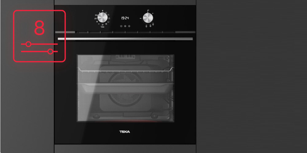 PIEKARNIK TEKA HLB 8418 P S BK zdjęcie lifrstyle front zamknięty panel ikona grafika 8 trybów pieczenia moc poziomy temperatura programy grill turbo góra dół pizza mięso ryby
