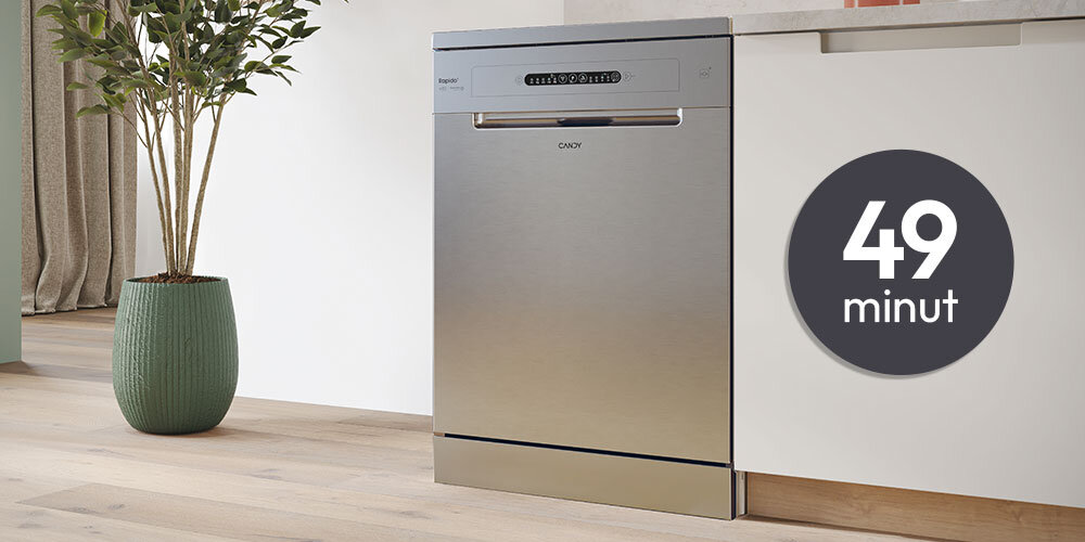 ZMYWARKA CANDY CF 3C7L1S lifestyle zabudowa bok infografika czas programu szybkiego skrócone mycie krótki czas Program szybki 49'