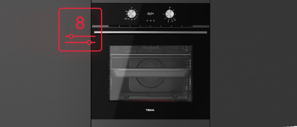 PIEKARNIK TEKA HLB 8408 S BK lifestyle front zamknięty panel ikona grafika 8 trybów pieczenia moc poziomy temperatura programy grill turbo góra dół pizza mięso ryby
