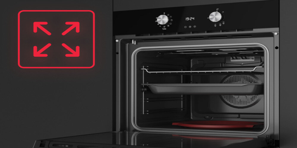 PIEKARNIK TEKA HLB 8408 S BK lifestyle ikona grafika strzałki wnętrze blachy ruszt panel pokrętła Pojemność XXL wnętrze otwarty Pojemność 70 litrów pieczenie na kilku poziomach powiększona komora