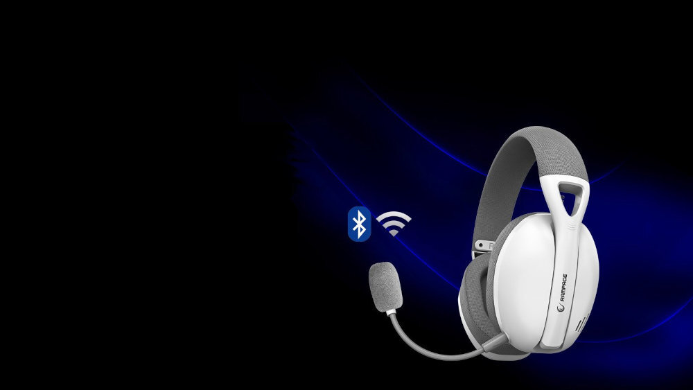 Słuchawki RAMPAGE Crack H11 - Ergonomiczna konstrukcja, słuchawki po skosie na czarnym tle, Bluetooth oraz wi-fi