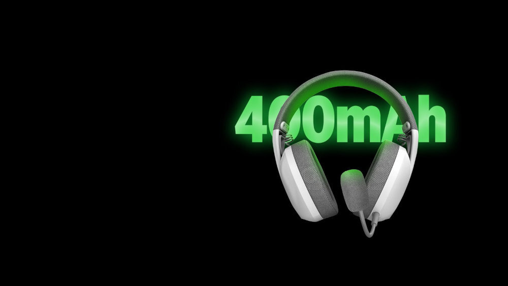 Słuchawki RAMPAGE Crack H11 - Długi czas pracy na baterii, słuchawki na czarnym tle, w tle pojemnośc baterii