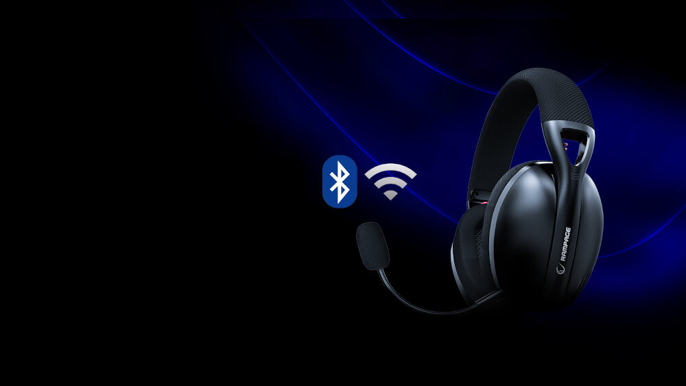Słuchawki RAMPAGE Crack H11 - Ergonomiczna konstrukcja, słuchawki po skosie na czarnym tle, Bluetooth oraz wi-fi