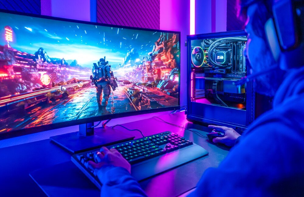 Pamięć RAM CRUCIAL 16GB 6000MHz CP16G60C36U5B Osoba grająca przy stanowisku komputerowym z dużym monitorem i obudową komputera z podświetleniem RGB, firma, produkcja, jakość