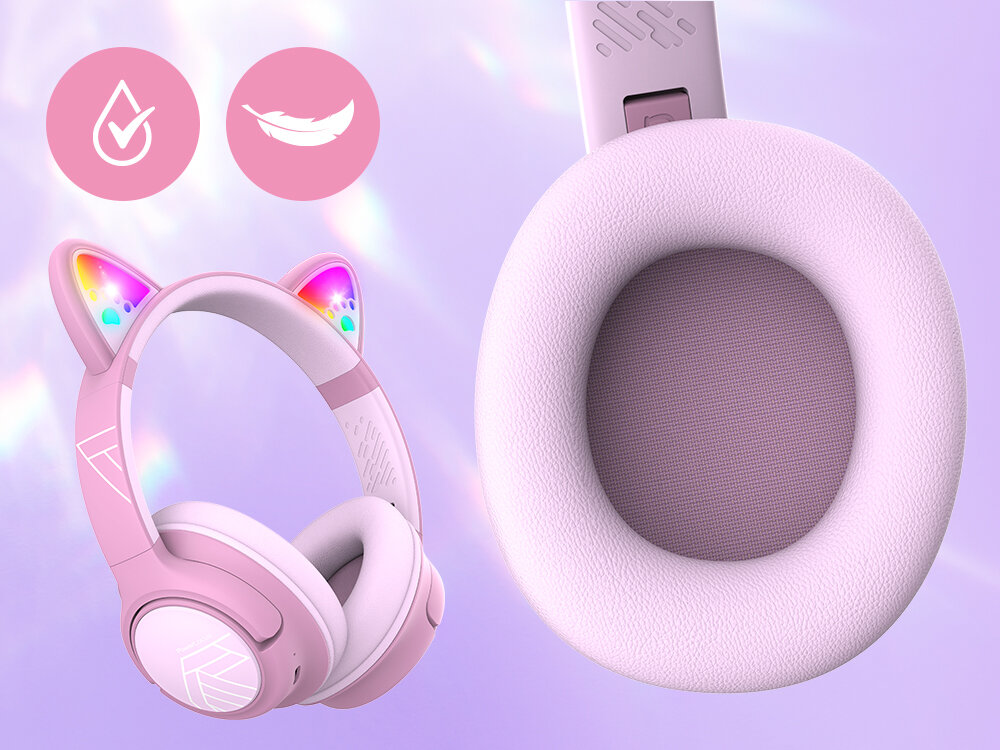 POWERLOCUS Bobo podświetlenie LED świecące uszy kolorowe słuchawki dziecięce, słuchawki nauszne po skosie na fioletowym tle, kadr nauszników
