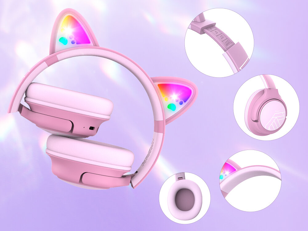 POWERLOCUS Bobo Bluetooth 5.3 AUX zasięg 20 metrów słuchawki bezprzewodowe dzieci, złożone słuchawki nauszne od frontu na fioletowym tle
