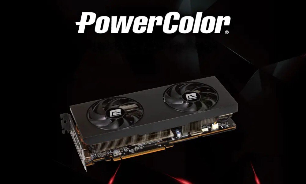 Karta graficzna POWERCOLOR Radeon RX 7800 XT 16GB Karta graficzna z dwoma wentylatorami widoczna z góry na czarnym tle, nad którą umieszczono białe logo producenta PowerColor