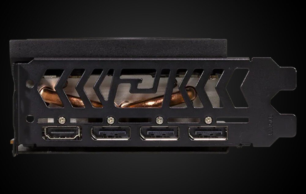 Karta graficzna POWERCOLOR Radeon RX 7800 XT 16GB Widok bocznego panelu karty graficznej z metalowym śledziem, w którym znajdują się otwory wentylacyjne oraz cztery złącza wideo, w tym trzy DisplayPort i jedno HDMI