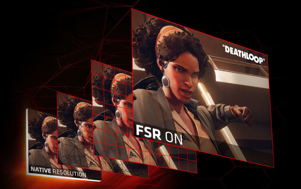 Karta graficzna POWERCOLOR Radeon RX 7800 XT 16GB Porównanie jakości obrazu w grze podzielone na cztery sekcje, pokazujące różnicę między rozdzielczością natywną a trybem skalowania FSR na przykładzie postaci kobiecej