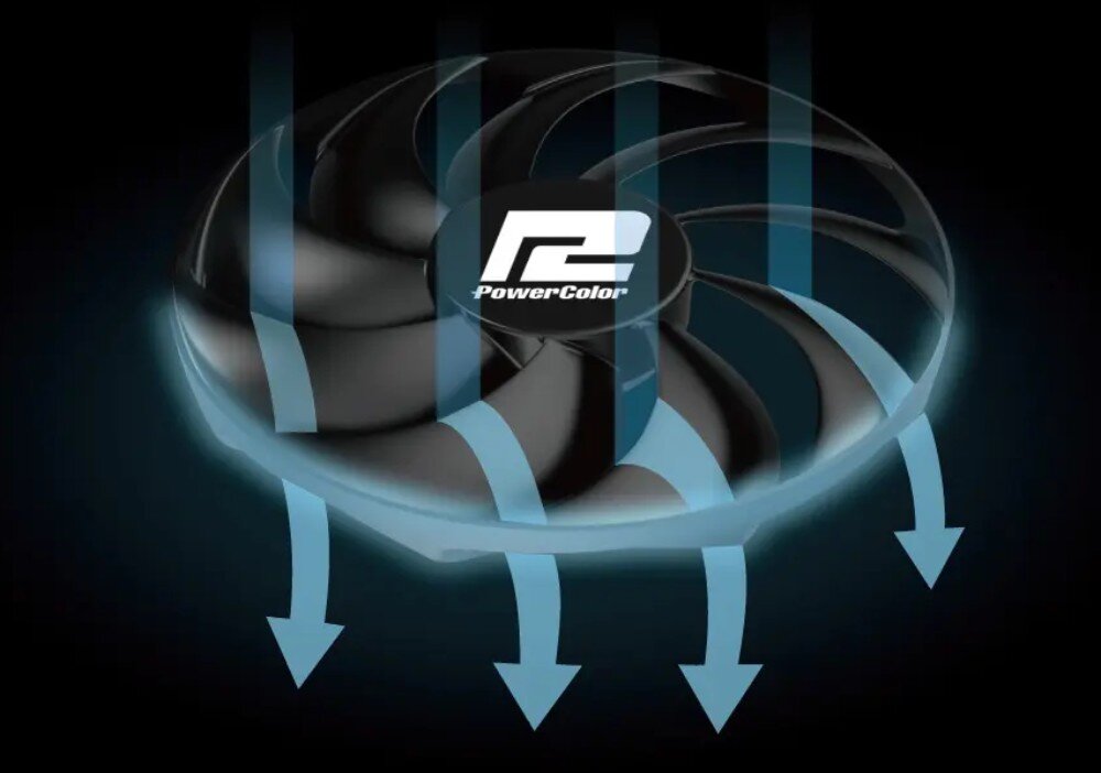 Karta graficzna POWERCOLOR Radeon RX 7800 XT 16GB Wizualizacja wentylatora z niebieskimi liniami skierowanymi w dół, które obrazują przepływ powietrza generowany przez łopatki wirnika