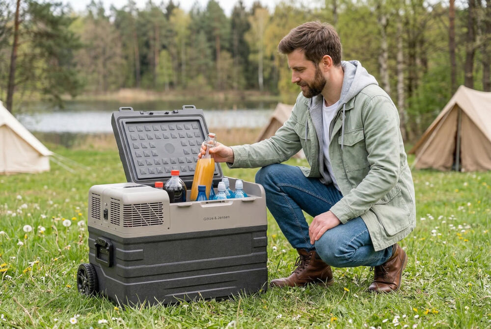 Mężczyzna klęczy na trawie obok otwartej lodówki turystycznej, z której wyciąga butelkę z pomarańczowym napojem. Na lodówce widoczne jest logo \'Götze & Jensen\', a w tle znajdują się namioty i drzewa.