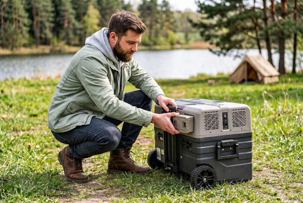 Osoba w zielonej kurtce obsługuje przenośną lodówkę turystyczną z kółkami na trawie, w tle widoczny jest las i jezioro. Obok znajduje się mały namiot.