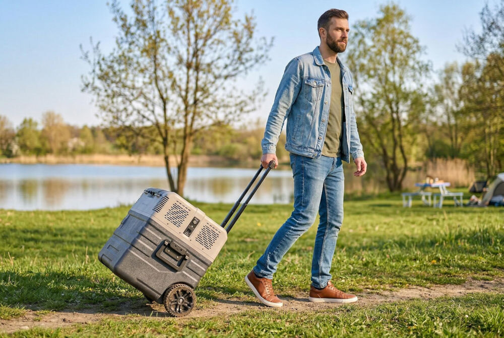 Osoba ciągnie lodówkę turystyczną na kółkach po trawiastej ścieżce w parku. W tle widać drzewa i staw.