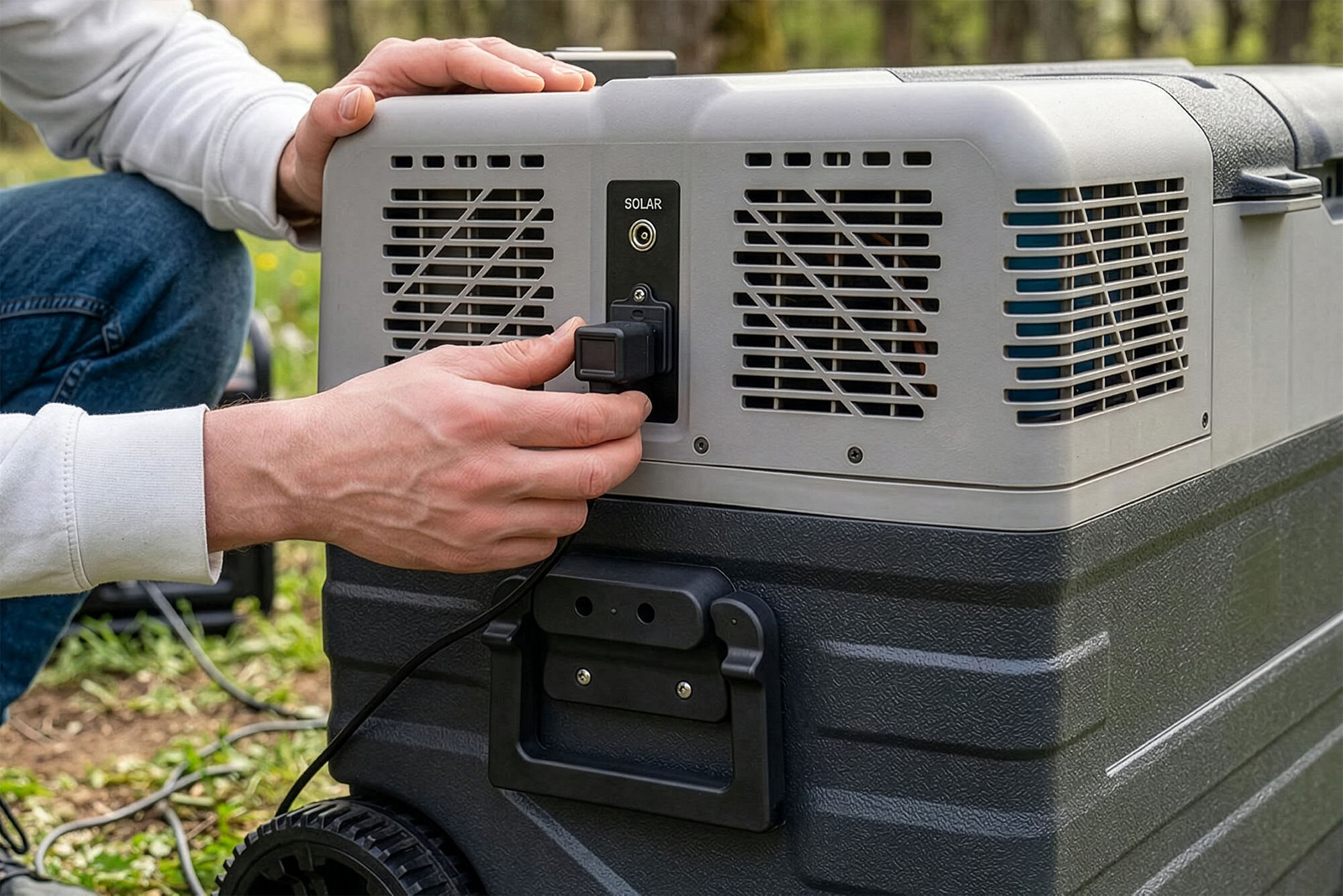 Osoba podłącza kabel do gniazda oznaczonego jako \'SOLAR\' na szarej lodówce turystycznej z czarnymi elementami. Lodówka stoi na trawie, a w tle widać drzewa.